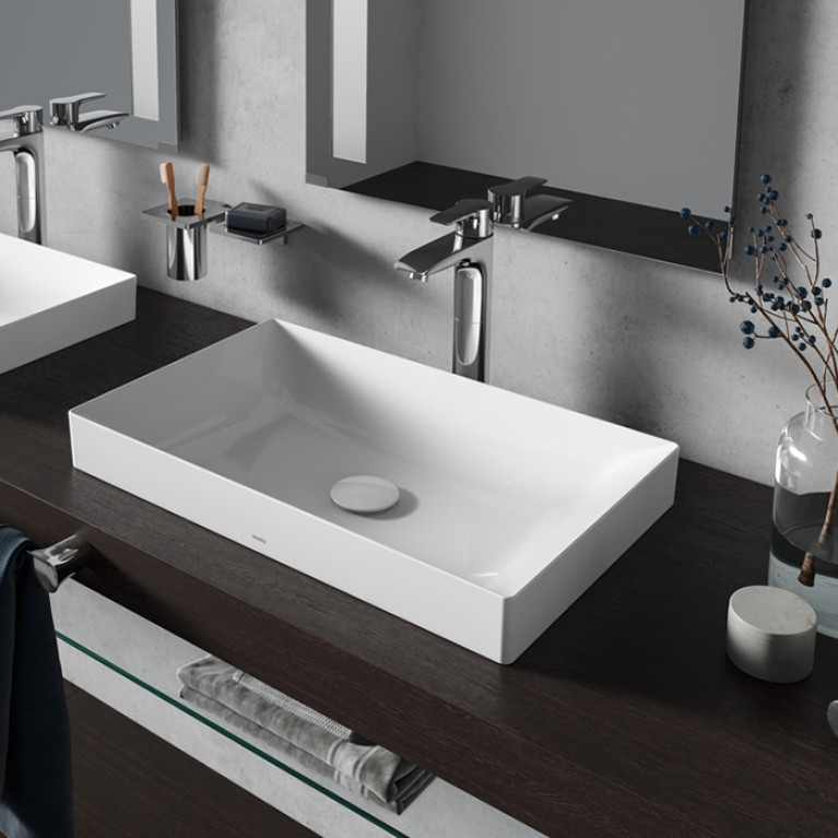 TOTO TR Раковина 600x380x137(70) мм, полувстр, без отв. под смесит, с переливом, CeFiONtect, LinearCeram цвет: белый (без арматуры слива)