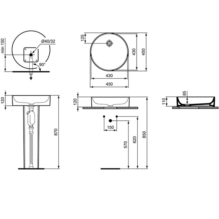 Ideal Standard Conca Раковина d450хh120 мм круглая, накладная, без перелива и отв. под смес., с крепежом, цвет: белый матовый