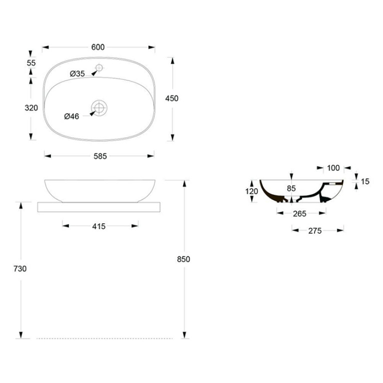 Alice Form Раковина Oval 60x45хВ12 Plan, накладная, с отверстием под смеситель, чёрный матовый