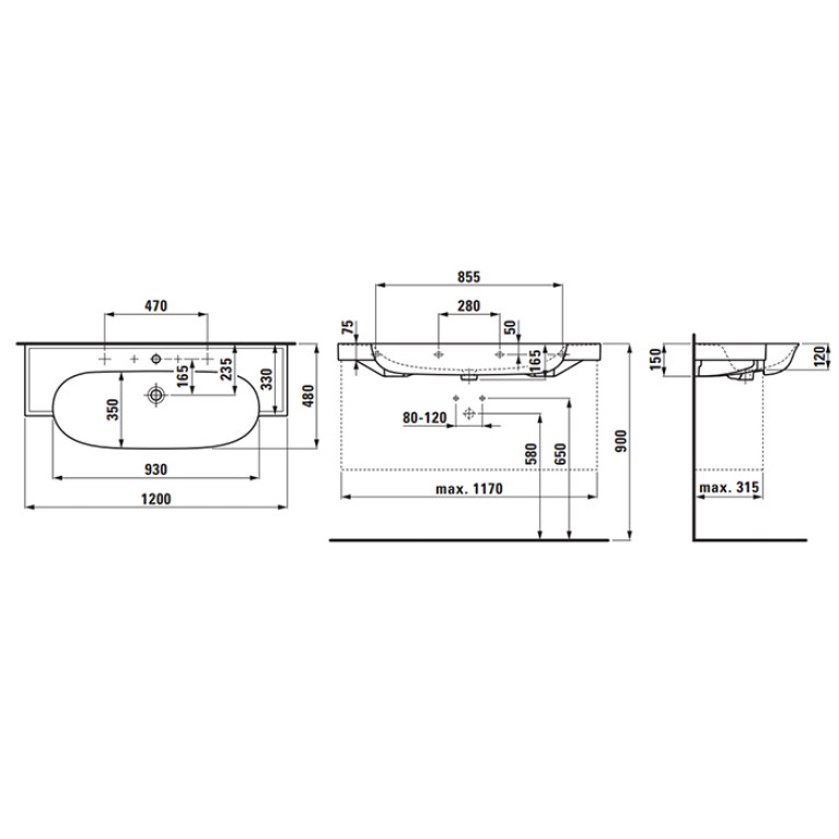 Laufen New Classic Раковина накладная овальная 1200х480х75 мм, с 3 отв под смеситель,без перелива, цвет белый LCC, с покрытием  LAUFEN Clean Coat
