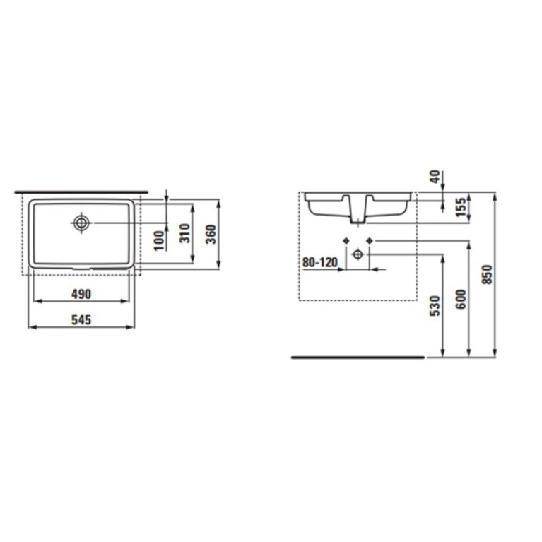Laufen Living City Раковина 490x310x155 мм без отв. под смеситель, встраив снизу, глазурь 2 стор, шлифованная снизу, цвет: белый