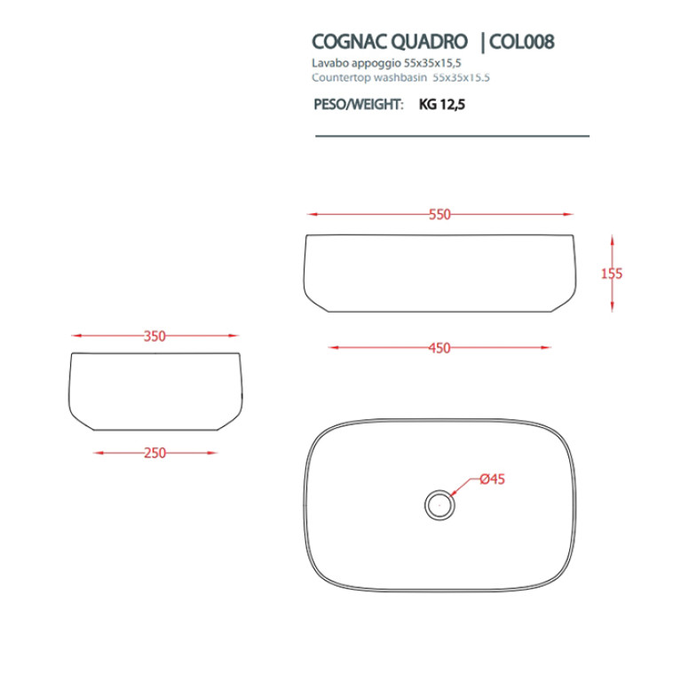 Artceram COGNAC Раковина настольная Quadro 55x35 см, цвет gravel/покрытие Saniglaze