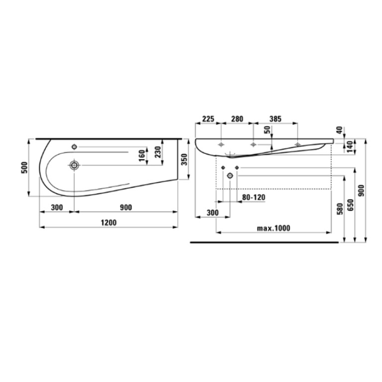 Laufen Alessi One Раковина 1200х500х165мм с 1 отв. под смеситель, полка справа, с покр. LLC, цвет: белый