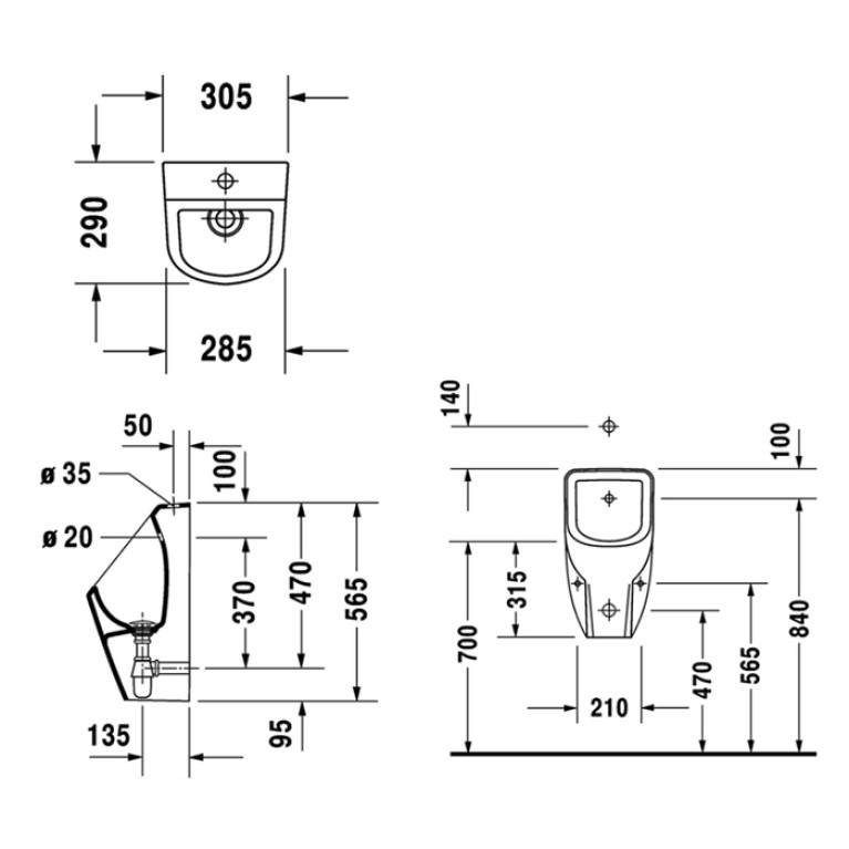 Duravit D.1  Писсуар, подача воды сверху, без смывного края