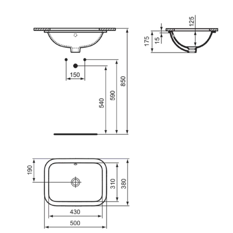Ideal Standard Connect Раковина 500х380 мм, прямоугольная, встриваемая снизу без отв. под смес., + крепеж, цвет: белый глянец