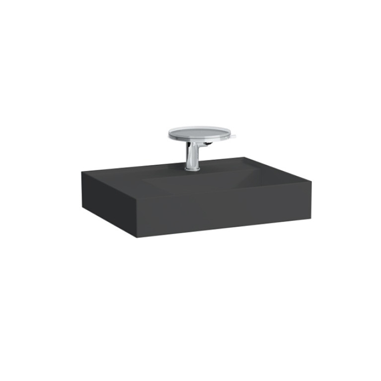 Laufen Kartell Раковина 600х460х120мм без перелива, с 1 отв. под смеситель, со скр сливом, полка слева, цвет: черный глянцевый