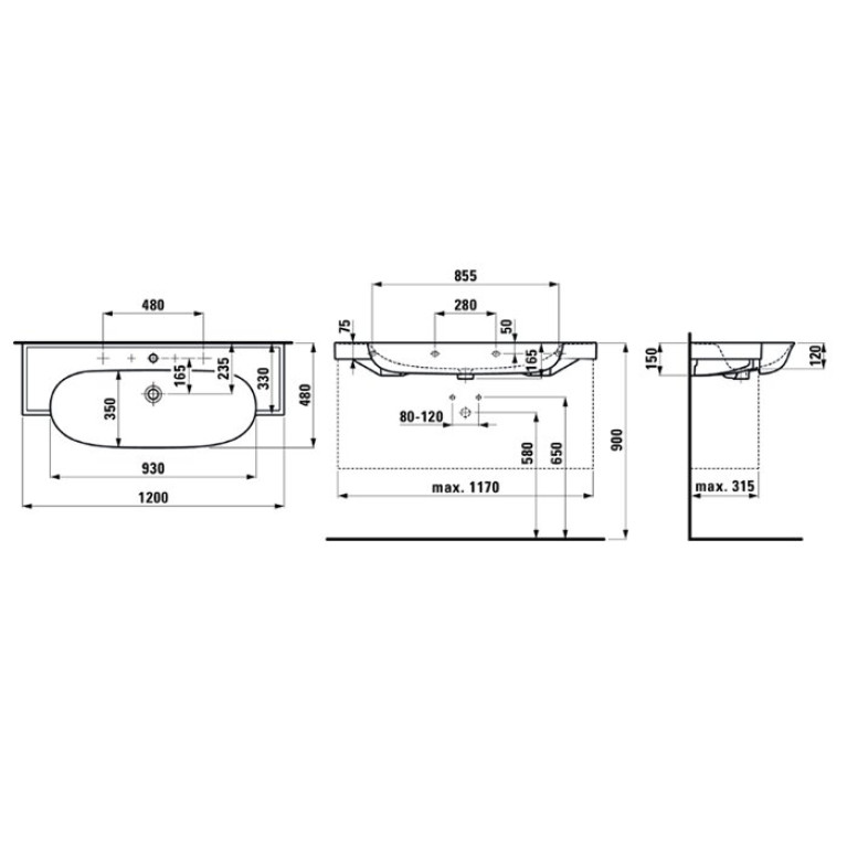 Laufen New Classic Раковина накладная овальная 1200х480х75 мм, без отв под смеситель,с переливом, цвет белый матовый