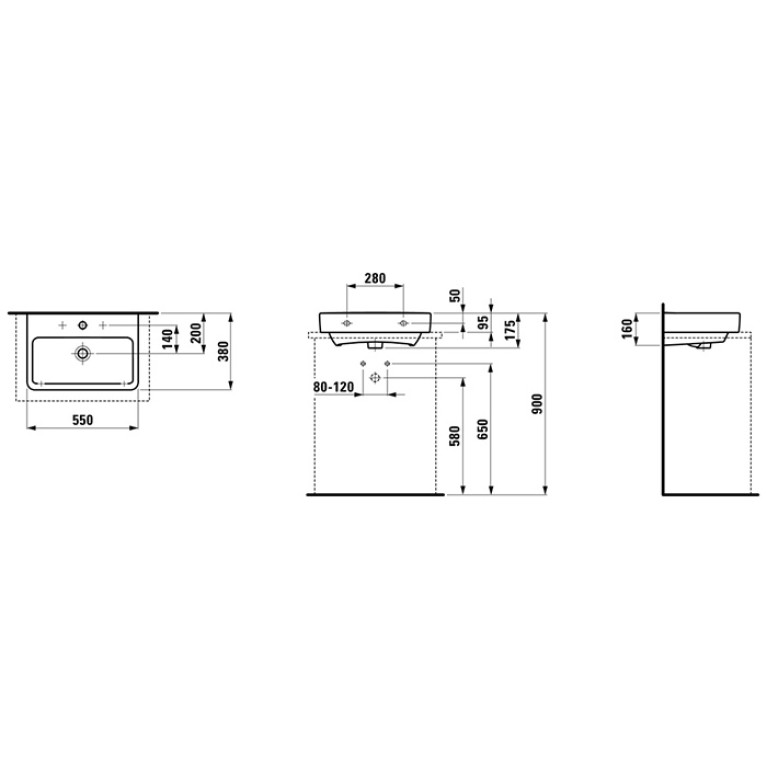 Laufen PRO S раковина, укороченная, для установки на поверхность, 550x380x95 мм, с 1 отв для смес по центру, белый