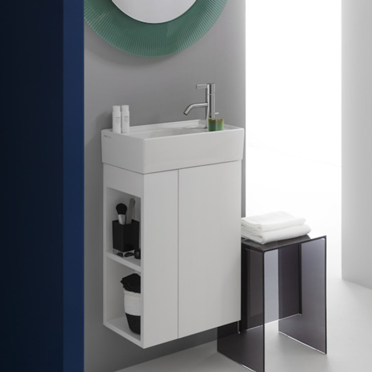 Laufen Kartell Раковина 460х280х120мм без перелива, с 1 отв. под смеситель, полочка справа, со скр сливом, цвет: белый