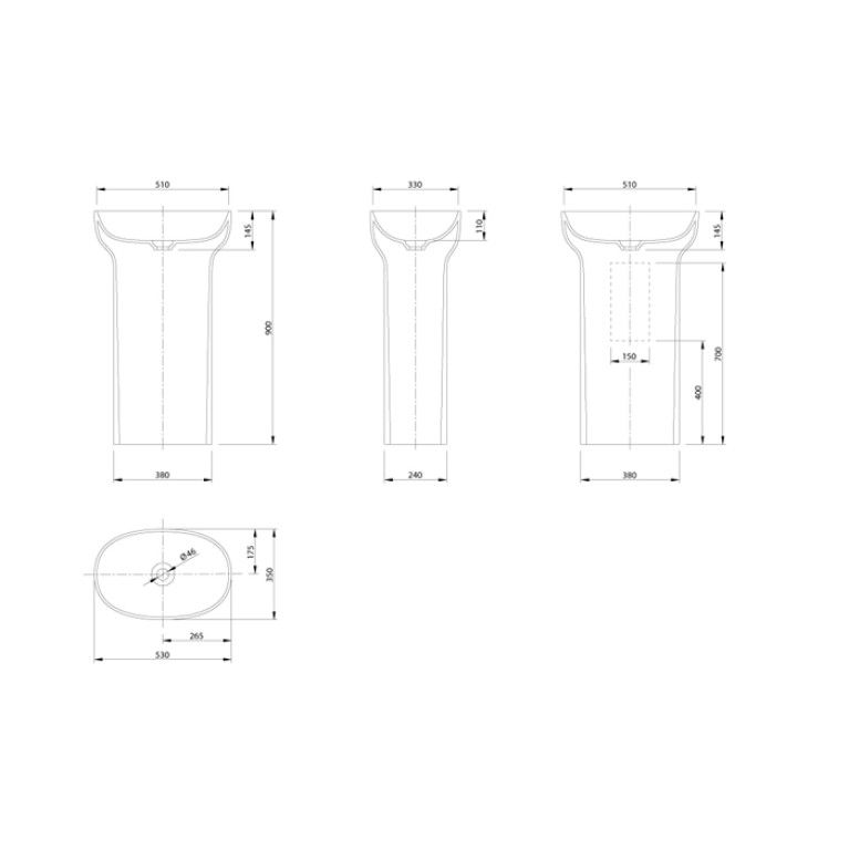 KNIEF Prime Раковина отдельностоящая  53х35х90 cm, с выходом в пол , цвет белый матовый