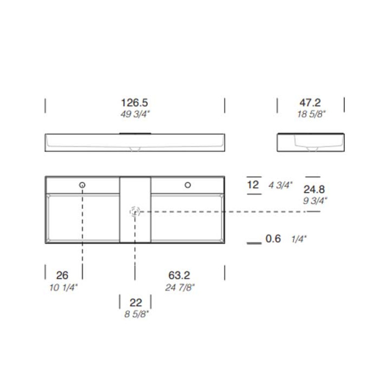 MILLDUE  Раковина  MAN 126 накладная из CRISTALPLANT ,126,5х47,2 см, с 2 отв для смесителя, цвет белый матовый