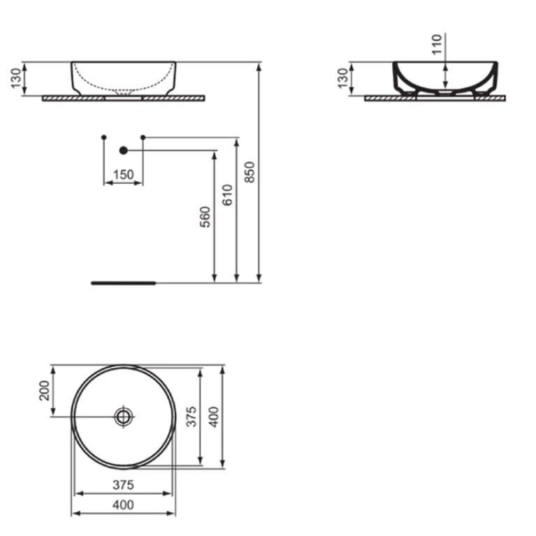Ideal Standard i.life O Раковина овальная d40 см, без отверстия под смеситель, без перелива, цвет: белый глянец