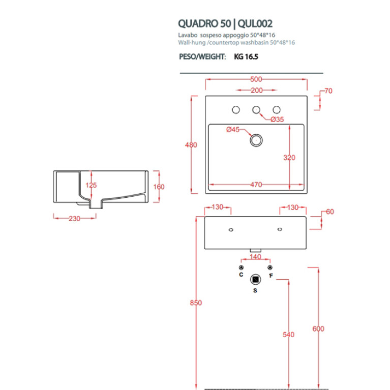 Artceram QUADRO Раковина накладная/подвесная  50х48 см, с 1 отв под смеситель, со слив переливом, цвет белый (Спеццена с нашего склада!)