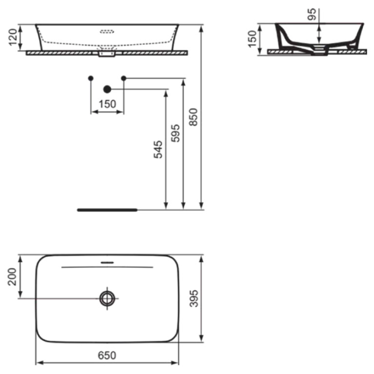 Ideal Standard Ipalyss Раковина 650х395хh120 мм, накладная, прямоуг, без отв. под смес., с крепежом, шаблоном, покрытие: Diamatec&reg; цвет: белый глянец