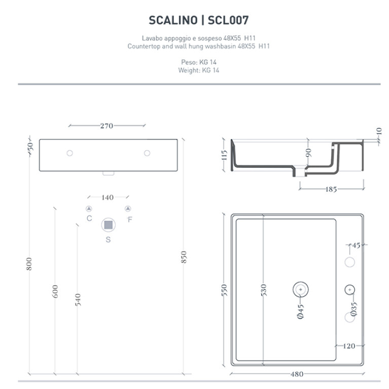 Artceram SCALINO Раковина накладная 55х48 см, с 1 отв под смеситель, с переливом, цвет белый.