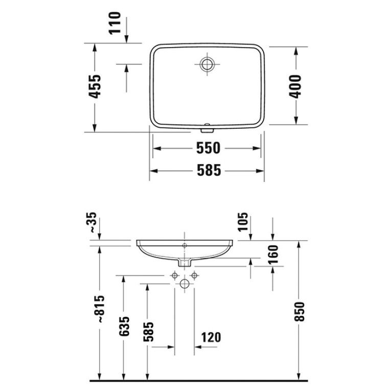 Duravit D.1 Раковина встраиваемая для встраивания снизу, 550х400 мм, с переливом (Спец.цена из наличия)