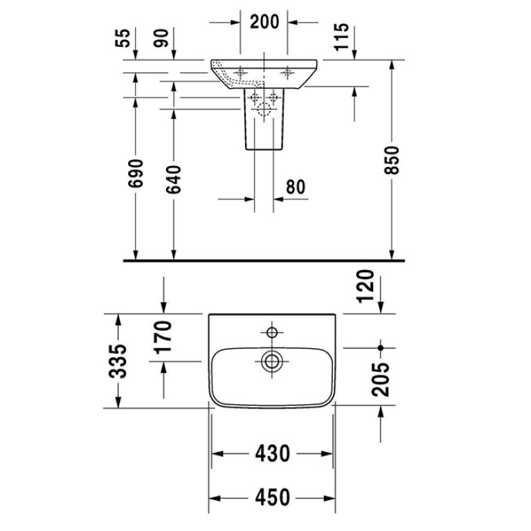 Duravit DuraStyle Умывальник для рук без перелива,с 1 отв. для смесителя , 450x335мм, Цвет: Белый
