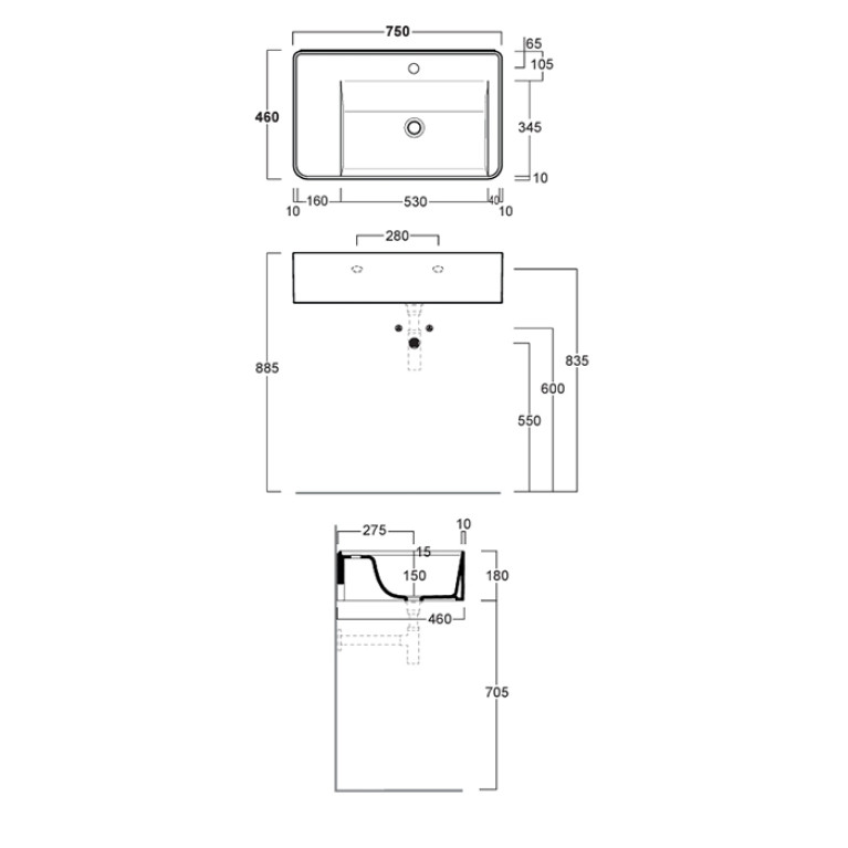 SIMAS RATIO  Раковина чаша подвесная 75x46xh18 см, с 1 отв. для смесителя, без перелива, цвет RUBINO