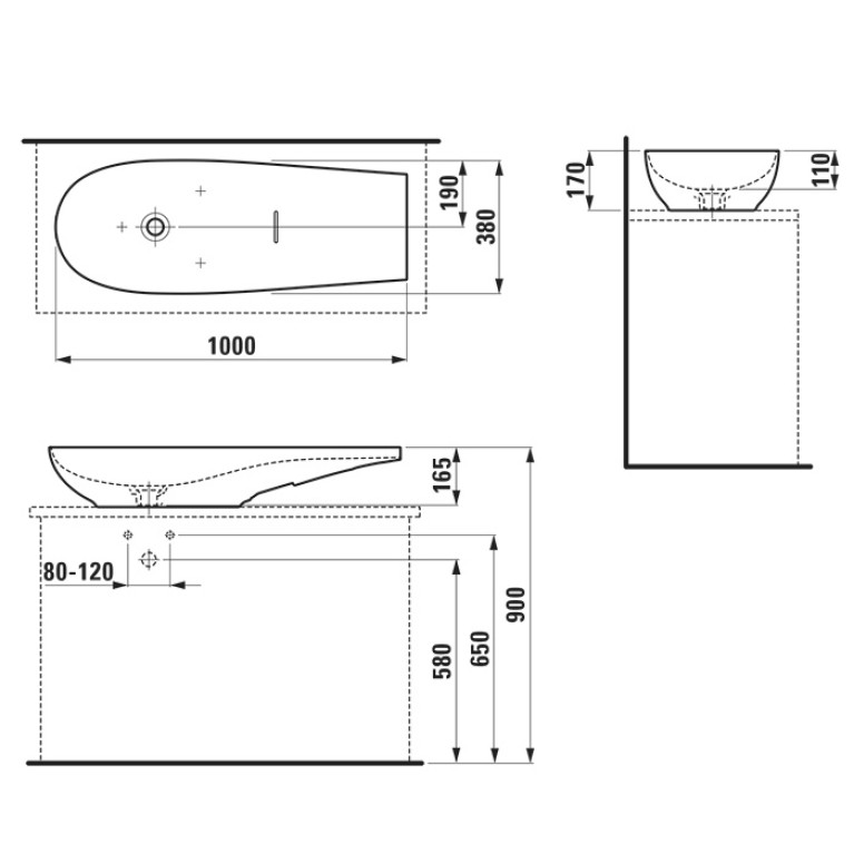 Laufen Alessi One Раковина-чаша 1000х380х170мм без перелива, без отв. под смеситель, L/R, с крышкой слива, цвет: черный матовый