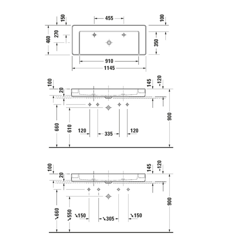 DURAVIT Bento Starck Box  Раковина накладная 1145х460мм,, с 2 отв под смеситель, HygieneGlaze, белый глянцевый