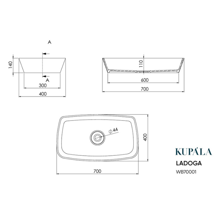 KUPALA LADOGA Раковина чаша 700x400x125 мм, искусственный камень, цвет: белый матовый
