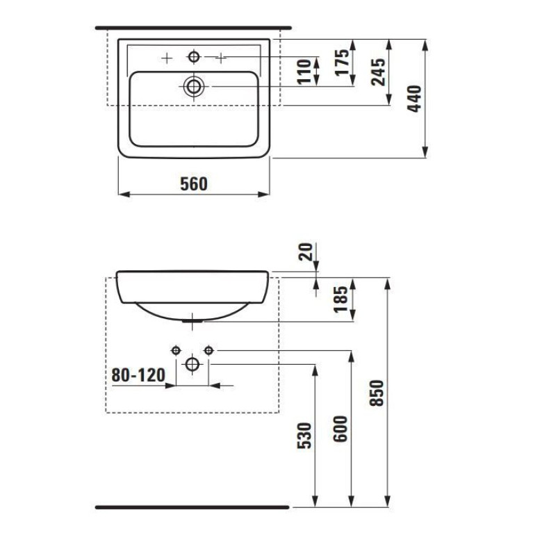 Laufen Pro A раковина полувстраиваемая 560x440x115 мм, три отверстия для смесителя, цвет белый (НЕ производится!)