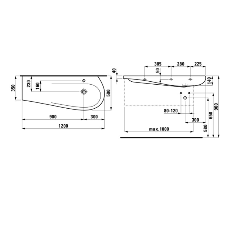 Laufen Alessi One Раковина 1200х500х165мм с 1 отв. под смесит, полка слева, с покр. LLC, цвет: белый (со склада продаем с базой 4.3043.1.097.)