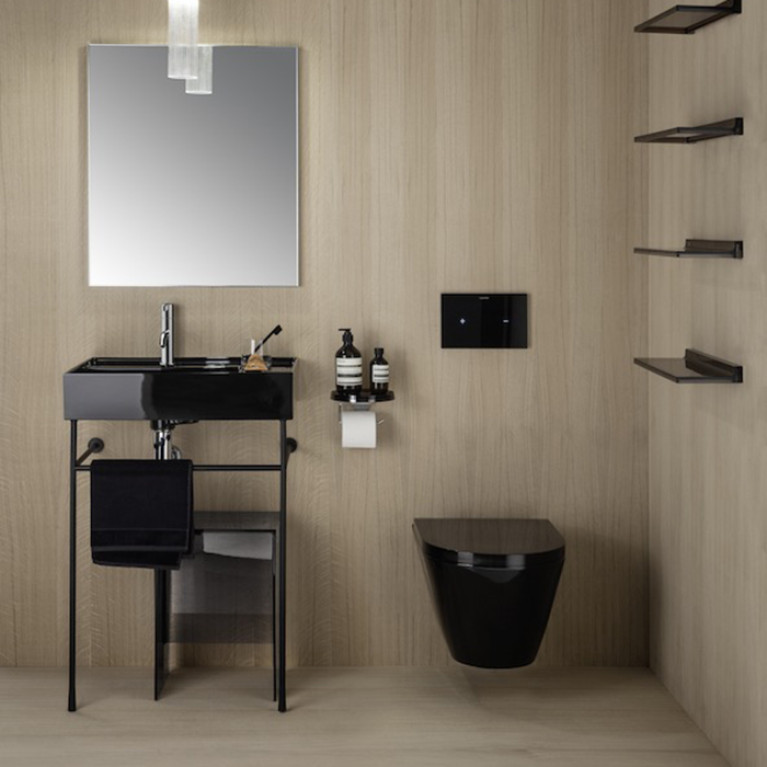 Laufen Kartell Раковина 600х460х120мм без перелива, с 1 отв. под смеситель, со скр сливом, полка справа, цвет: черный глянцевый