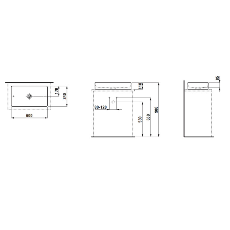 LAUFEN LIVING SQUARE Раковина прямоугольная 600х340х110 мм без отв. под смеситель,без перелива, цвет: белый с покрытием LCC Laufen Clean Coat