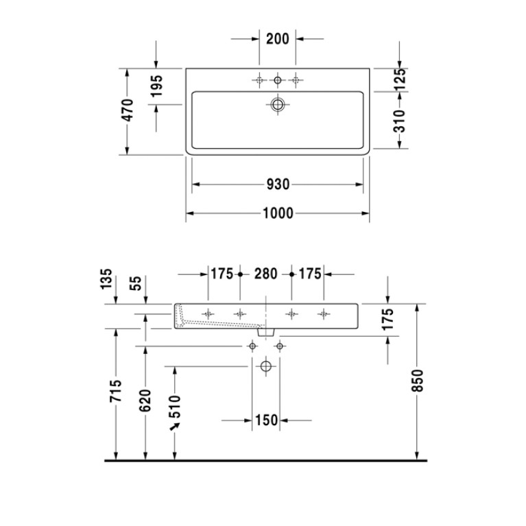 DURAVIT VERO Раковина 1000x470 мм., с 1 отверстием для смесителя, с переливом, с покрытием WonderGliss, цвет белый