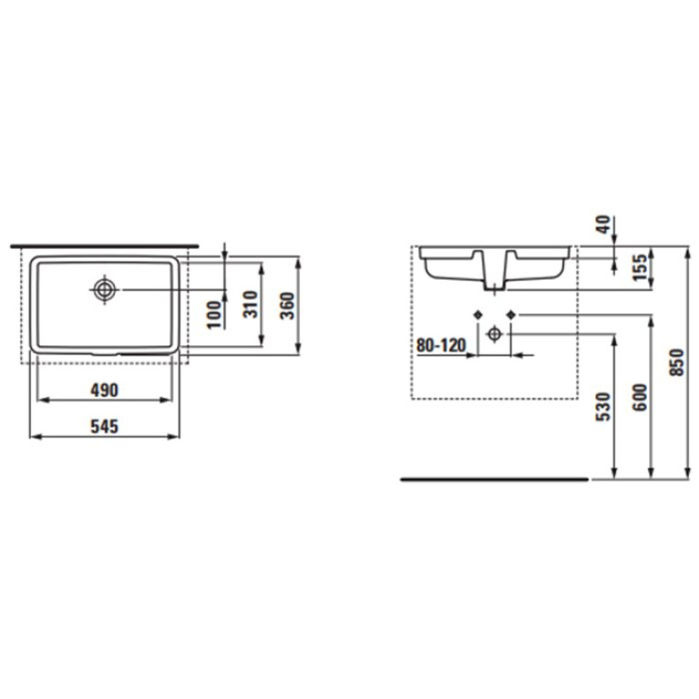 Laufen Living City Раковина 490x310x155 мм без отв. под смеситель, встраив снизу, шлифованная снизу, цвет: белый