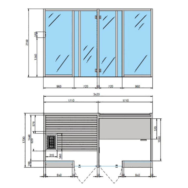 Effegibi Yoku SH Glass СаунаХаммам 342x170h214см, угловая Dx, цвет: сауна чёрный орех/Fior di Bosco Tortora