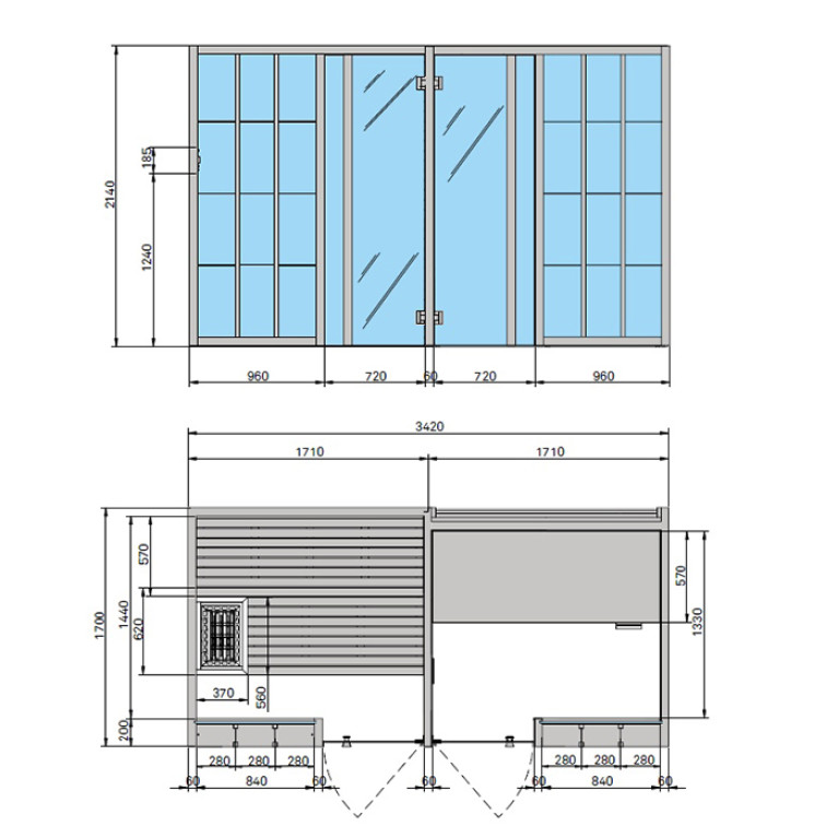 Effegibi Yoku SH Shelf СаунаХаммам 342x170h214см, угловая Sx, цвет: сауна чёрный орех/Calacatta Gold Extra