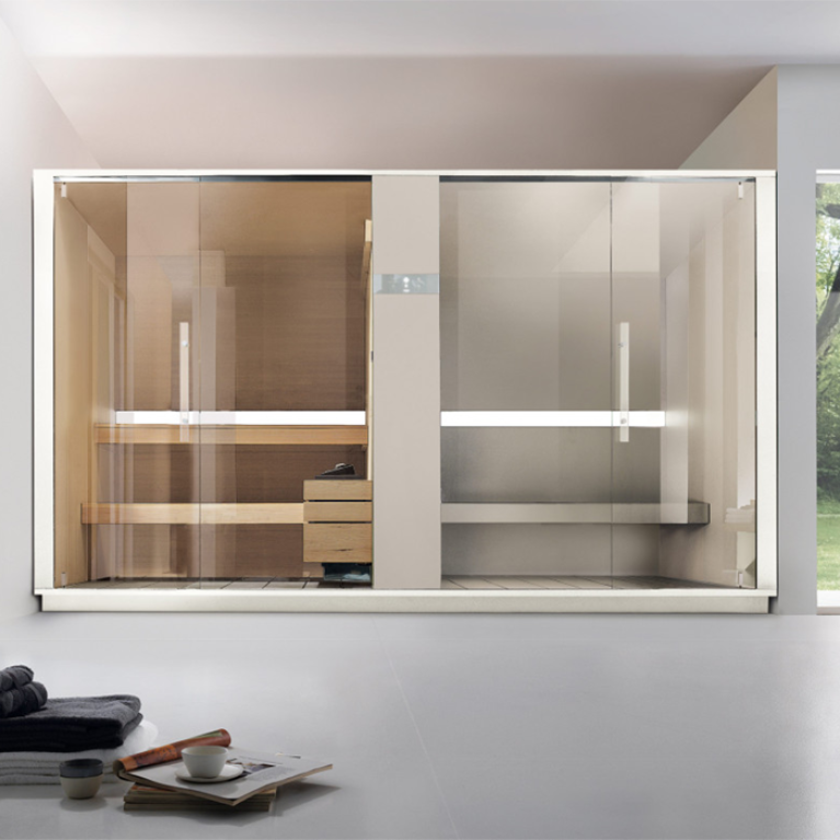 Effegibi Logica SH Сауна  Хаммам система, угловая SX, 373x171xh226см, отделка: Soft Sand