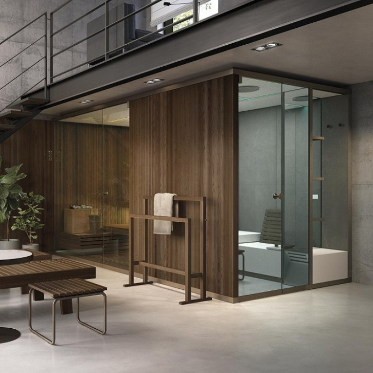Effegibi BodyLove SH 365x202xh220 см,  в угол D.X., отделка сауны хемлок, отделка хаммам керамогранит Champagne, наружные стены гладкий хемлок