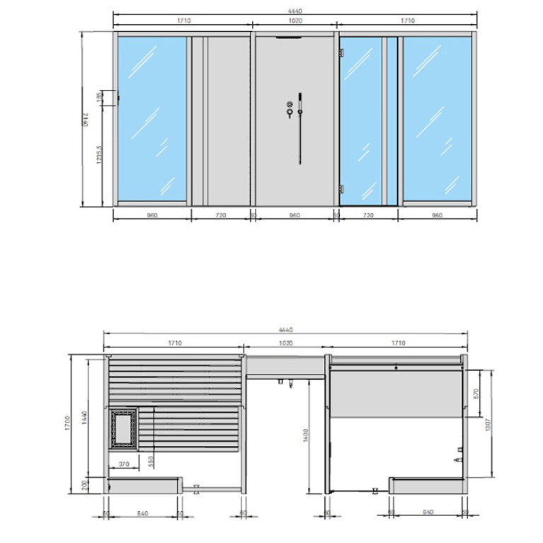 Effegibi Yoku Spa Door СаунаХаммам 444x170h217см, пристенная, цвет: сауна термообработанной древесины/Fior di Bosco Tortora