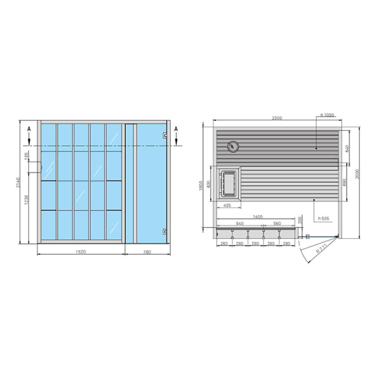 Effegibi Yoku S Shelf Сауна 230x200h214см, SX, цвет: осина термообработанная