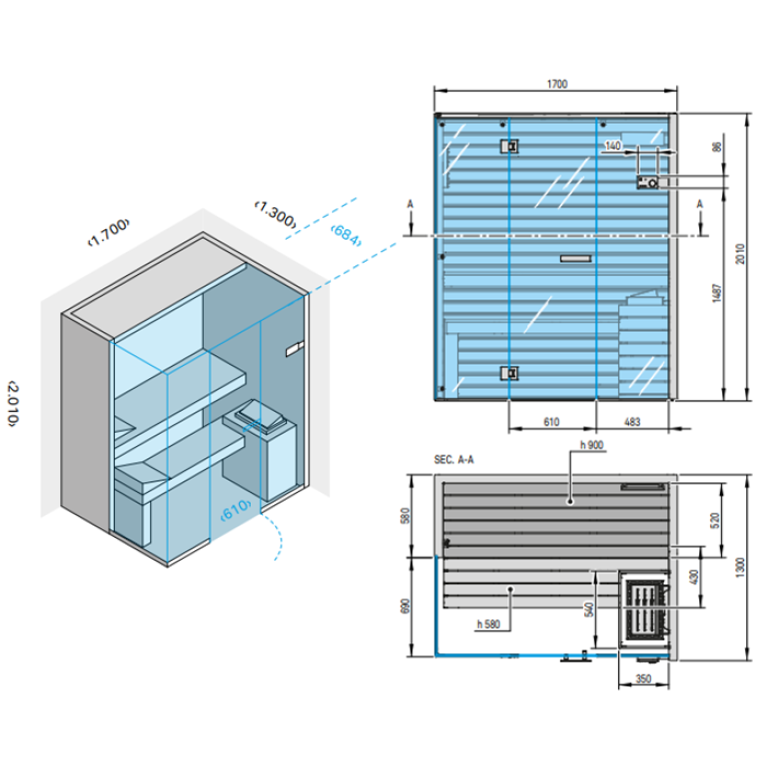 Effegibi Sky Corner 45 Сауна 170x130xh201см, DX, отделка: канадский хемлок