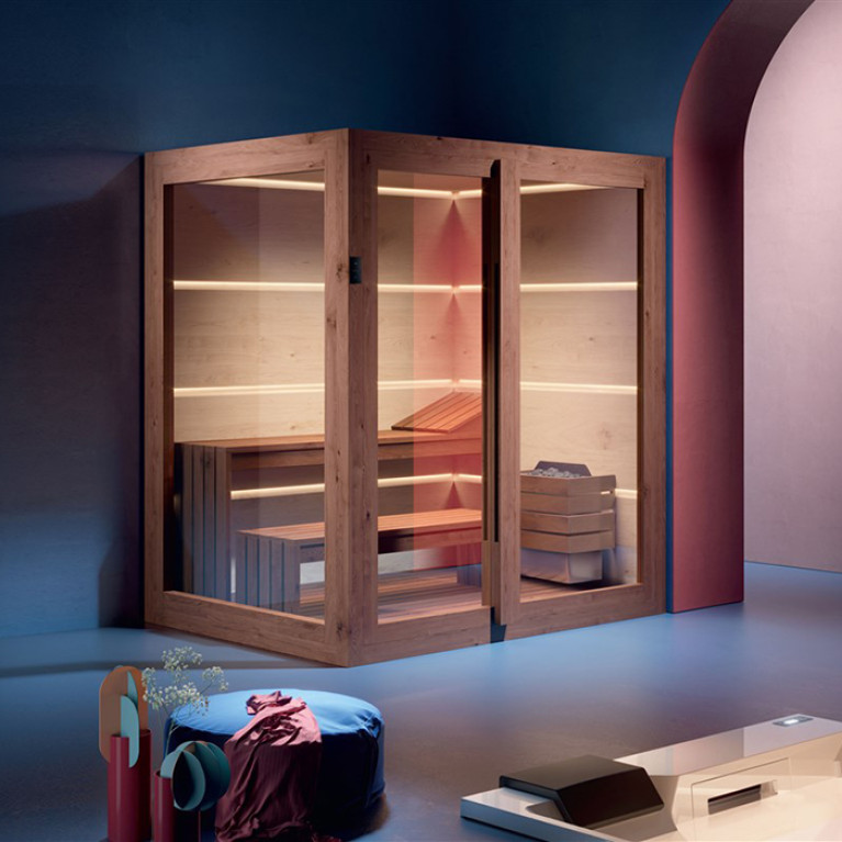 TREESSE AURA сауна 180х150х216Н, SX (левый вариант), подсветка, фронтальная дверь стекло/дерево (БЫЛА на ВЫСТАВКЕ и через 4 дня упакована!!)