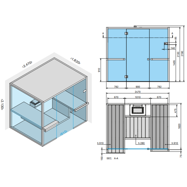 Effegibi Air 105 Corner Сауна 247x182xh213см, DX, отделка: осина натуральная
