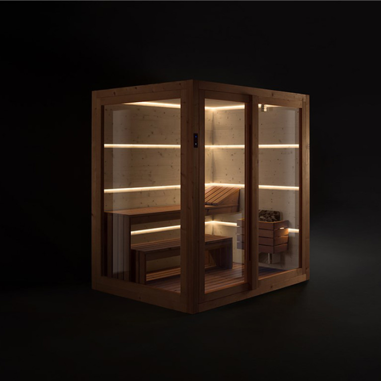 TREESSE AURA сауна 180х150х216Н, SX (левый вариант), подсветка, фронтальная дверь стекло/дерево (БЫЛА на ВЫСТАВКЕ и через 4 дня упакована!!)