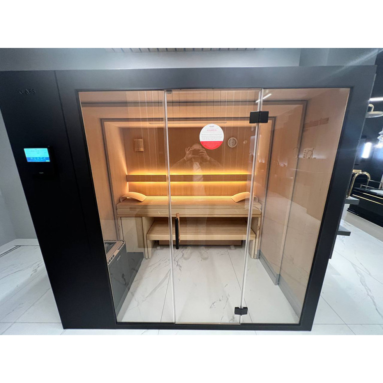 KLAFS S1 Сауна раздвижная 2320х1600(600)хh2110 мм, размер L с прозрачным стеклом, вн. отд. хемлок, Varius 6,0 кВт, внешняя отделка: чёрный матовый