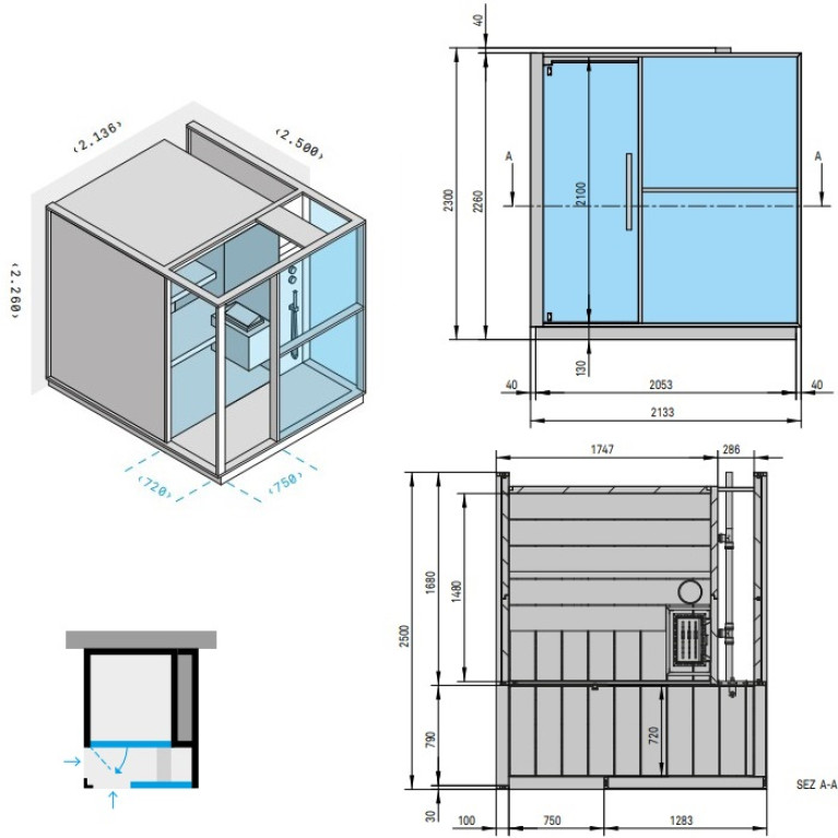 Effegibi Logica S Сауна с душем, пристенная R.H. 214x250xh226см, отделка: Stone