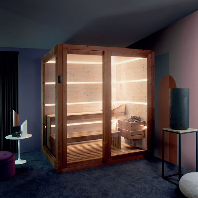 TREESSE AURA сауна 180х150х216Н, SX (левый вариант), подсветка, фронтальная дверь стекло/дерево (БЫЛА на ВЫСТАВКЕ и через 4 дня упакована!!)