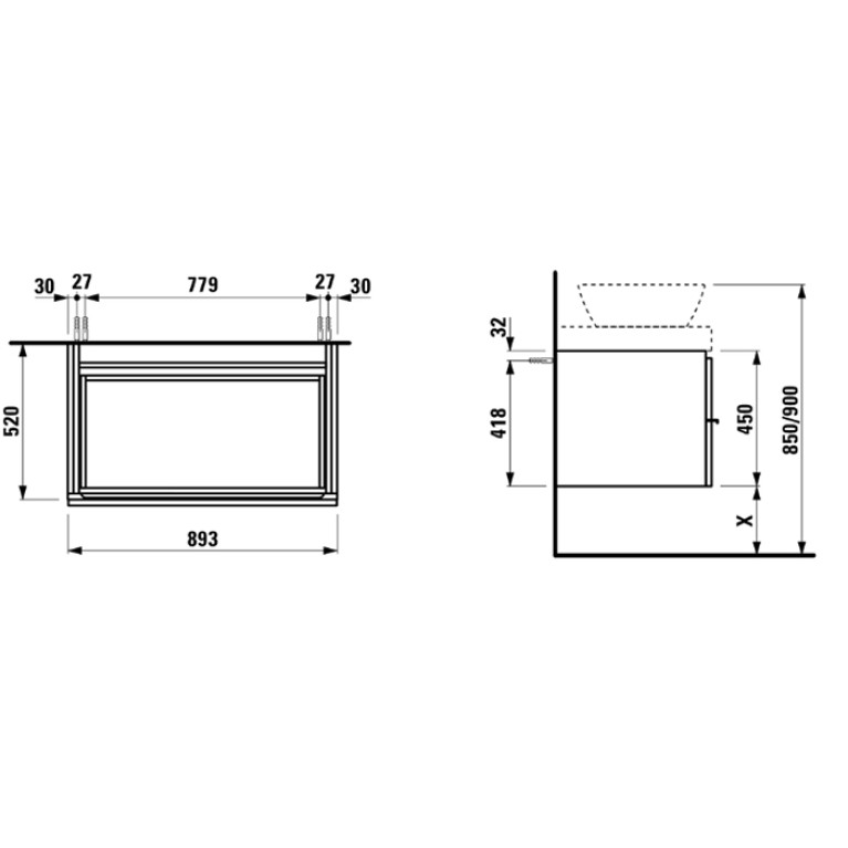 Laufen Case шкафчик 893x520x450 мм, 2 ящика, цвет белый матовый