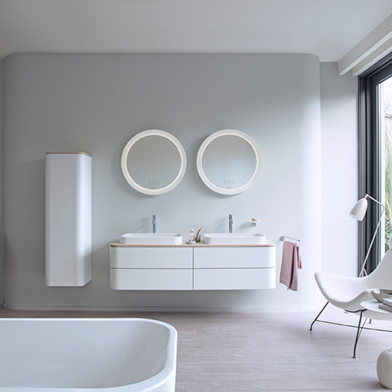 Duravit Happy D.2 Plus Пенал подвесной 1330x400x360мм с 3 стеклянными полками петли слева, цвет: Скандинавский белый шелковисто-матовый (без топа)