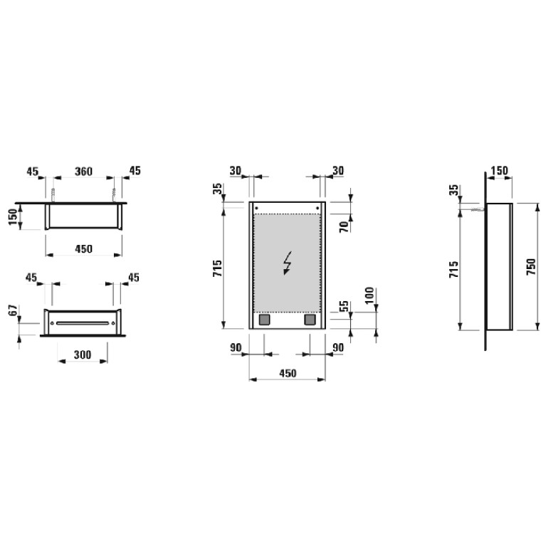 Laufen Frame 25 шкаф зеркальный 450x150x750 мм, алюминий, 1 дверца с зеркалом с 2х сторон, петли справа, сенс. выкл., 2 розетки, 2 верт-х эл-та LED-по