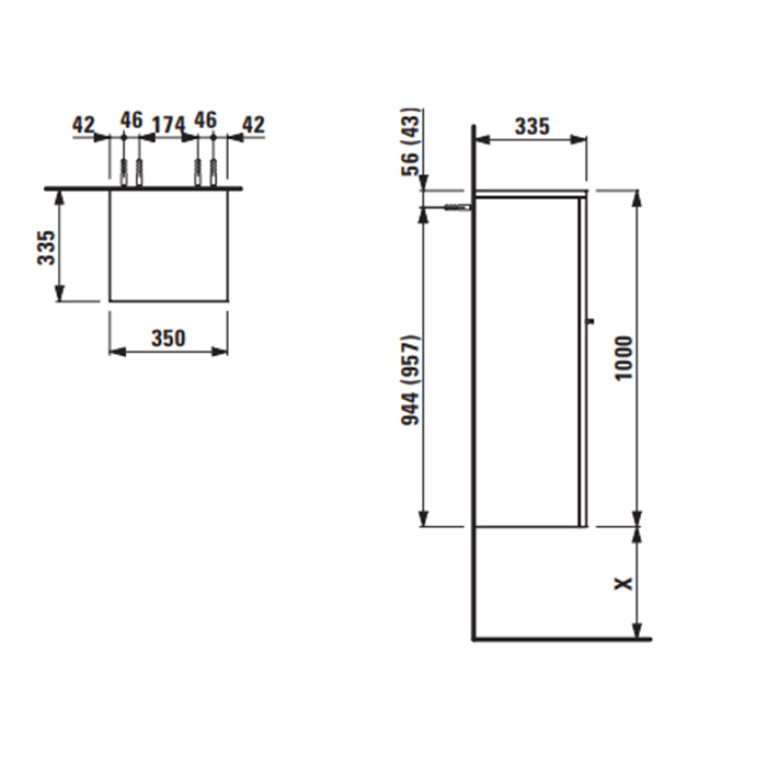 Laufen Case for palace Средний шкаф 350x335x1000 мм, петли справа, 2 стеклянные полки, мультиколор