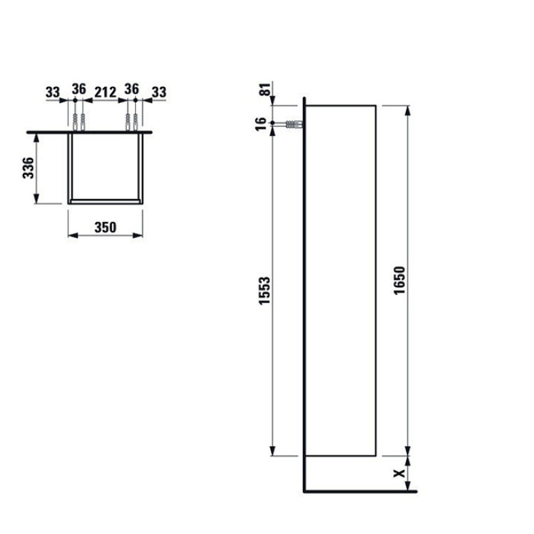 Laufen Base высокий шкаф 350x335x1650 мм, 1 дверца, петли справа, 1 фиксированная полка, 4 стеклянные полки, дизайн совпадает с комбинированными раков