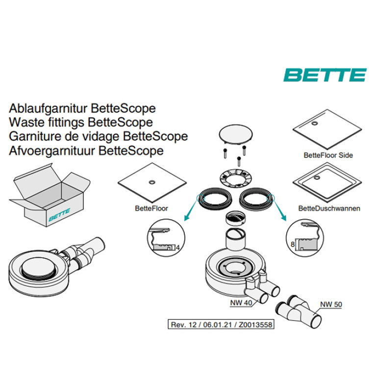 BETTEFLOOR Сифон  0,85 л/с, диам.90мм, отвод 50мм, цвет: белый